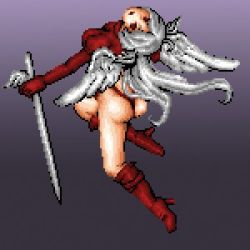 Rule 34 | 1girl, angel wings, ass, boots, breasts, final fantasy, final fantasy tactics, full body, game sprite, gloves, gradient background, head wings, hikarikawa natsuka, leotard, long hair, lowres, pixel art, red eyes, red leotard, solo, sword, thigh boots, thighhighs, ultima (fft), weapon, white hair, wings