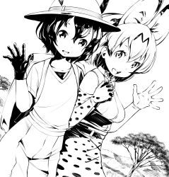 Rule 34 | 10s, 2girls, animal ears, backpack, bag, bow, bowtie, bucket hat, cross-laced clothes, elbow gloves, fukushima masayasu, gloves, greyscale, hat, hat feather, highres, holding hands, interlocked fingers, kaban (kemono friends), kemono friends, monochrome, multiple girls, serval (kemono friends), serval print, serval tail, shirt, sleeveless, sleeveless shirt, tail