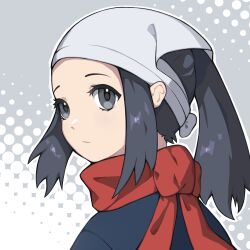 Rule 34 | 1girl, akari (pokemon), black hair, closed mouth, commentary request, creatures (company), eyelashes, game freak, grey background, grey eyes, grey jacket, head scarf, jacket, long hair, looking to the side, nintendo, pokemon, pokemon legends: arceus, ponytail, portrait, red scarf, scarf, shiomipon, sidelocks, solo, white headwear