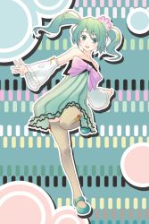 Rule 34 | 1girl, colorful x melody (vocaloid), detached sleeves, green eyes, green hair, hatsune miku, highres, magma chipmunk, mary janes, matching hair/eyes, project diva, project diva (series), project diva 2nd, shoes, solo, standing, standing on one leg, thighhighs, twintails, vocaloid
