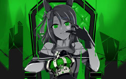 Rule 34 | 1girl, ainoshima ringo, animal ears, biting, bow, commentary, crown, unworn crown, ear covers, finger biting, gloves, green background, green eyes, hair between eyes, hair bow, highres, holding, holding crown, horse ears, horse girl, king (vocaloid), king halo (umamusume), long hair, looking at viewer, mouth pull, off shoulder, pov, sitting, solo, throne, umamusume, vocaloid, wavy hair