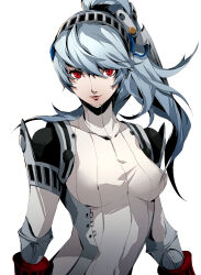 Rule 34 | 1girl, absurdres, android, arms at sides, blue hair, breasts, closed mouth, hair between eyes, high ponytail, highres, joints, labrys (persona), long hair, looking at viewer, medium breasts, persona, persona 4, persona 4: the ultimate in mayonaka arena, pertex 777, ponytail, red eyes, robot joints, simple background, smile, solo, straight-on, upper body, white background