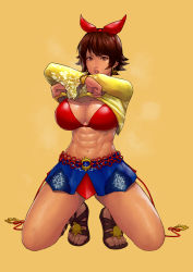 Rule 34 | abs, absurdres, bra, breasts, brown eyes, brown hair, cirenk, clothes lift, earrings, hair ribbon, highres, jewelry, josie rizal, namco, open mouth, philippines, ribbon, shirt lift, skirt, sweat, tekken, underwear