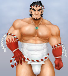 Rule 34 | 1boy, abs, bara, bulge, chest hair, covered abs, covered navel, cowboy shot, d0iii0b, forked eyebrows, frown, fundoshi, hachimaki, headband, japanese clothes, large pectorals, long sideburns, looking at viewer, magatama, magatama necklace, male focus, mature male, midriff sarashi, muscular, muscular male, navel, necklace, nejiri hachimaki, nipples, pectorals, sarashi, short hair, sideburns, solo, stomach, tajikarao (housamo), thick eyebrows, thick thighs, thighs, tokyo houkago summoners, topless male, tusks