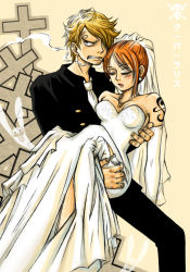 Rule 34 | 1boy, 1girl, angry, blonde hair, carrying, cigarette, couple, dress, earrings, elbow gloves, formal, ghost, gloves, hair over one eye, jewelry, jolly roger, nami (one piece), necklace, one piece, orange hair, perona, sanji (one piece), smoking, suit, tattoo, thriller bark, unconscious, wedding dress, white gloves