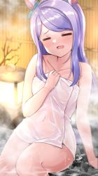 Rule 34 | 1girl, :d, = =, animal ears, bare shoulders, bath, blush, bow, closed eyes, collarbone, covered navel, ear ornament, ear ribbon, facing viewer, holding, holding towel, horse ears, horse girl, horse tail, long hair, mejiro mcqueen (umamusume), naked towel, onsen, open mouth, purple eyes, purple hair, see-through, shiitake taishi, silver hair, sitting, smile, solo, steam, swept bangs, tail, towel, umamusume, wet towel, white towel, |d