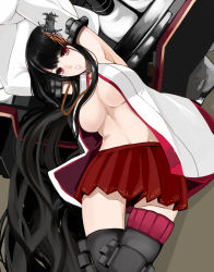 Rule 34 | 10s, 1girl, absurdres, armpits, baicha, bare shoulders, black hair, black thighhighs, blush, breasts, crying, crying with eyes open, detached sleeves, fusou (kancolle), hair ornament, highres, japanese clothes, kantai collection, large breasts, long hair, navel, nontraditional miko, parted lips, red eyes, skirt, solo, tears, thighhighs