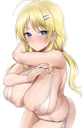 Rule 34 | 1girl, absurdres, ahoge, bare shoulders, bikini, blonde hair, blue eyes, blush, breasts, cleavage, collarbone, covered erect nipples, hachimiya meguru, hair ornament, hairclip, highres, hotate-chan, idolmaster, idolmaster shiny colors, large breasts, long hair, looking at viewer, low twintails, solo, swimsuit, twintails