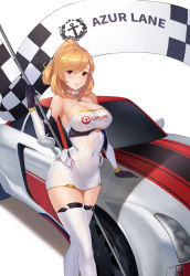 Rule 34 | 1girl, arm support, azur lane, bare shoulders, black gloves, black sleeves, blonde hair, blush, breasts, car, checkered flag, choker, cleavage, clothes writing, clothing cutout, commentary request, copyright name, covered navel, cowboy shot, criss-cross halter, detached sleeves, eyebrows hidden by hair, flag, gloves, hair between eyes, halterneck, highres, holding, holding flag, large breasts, leotard, looking at viewer, motor vehicle, parted lips, ponytail, prince of wales (azur lane), prince of wales (the laureate&#039;s victory lap) (azur lane), race queen, race vehicle, racecar, red eyes, shadow, sidelocks, simple background, smile, solo, standing, taut clothes, thighhighs, underboob cutout, vococo, white background, white choker, white leotard