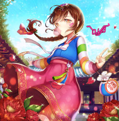 Rule 34 | 1girl, alternate hairstyle, bad id, bad pixiv id, bag, blue sky, braid, brown eyes, brown hair, blowing bubbles, character name, chewing gum, cloud, cloudy sky, cowboy shot, d.va (overwatch), day, facepaint, facial mark, fingernails, floral print, flower, hair flower, hair ornament, hair ribbon, hanbok, hands up, highres, holding, kinchaku, korean clothes, long hair, long sleeves, looking at viewer, multicolored stripes, nail polish, official alternate costume, outdoors, outstretched arm, overwatch, overwatch 1, palanquin d.va, petals, pink nails, pink skirt, pouch, rabbit hair ornament, red flower, ribbon, single braid, skirt, sky, smile, solo, striped, striped sleeves, swept bangs, tassel, tree, ttaji (pass35), v, whisker markings