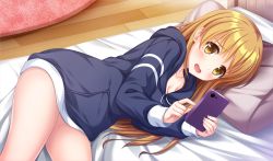 Rule 34 | 1girl, blonde hair, blush, breasts, cellphone, cleavage, embarrassed, female focus, floor, from above, futon, game cg, holding, holding phone, hood, hoodie, index finger raised, indoors, kirakira stars idol project reika, legs, long hair, long sleeves, looking at viewer, lying, on futon, on side, open mouth, original, phone, pillow, solo, thighs, wooden floor, yellow eyes