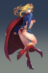 Rule 34 | 1girl, absurdres, adjusting clothes, adjusting panties, aqua eyes, ass, blonde hair, boots, breasts, cape, dc comics, fengmo, flying, from behind, full body, gradient background, high heel boots, high heels, highres, lips, long hair, looking at viewer, looking back, medium breasts, panties, red cape, red footwear, smile, solo, supergirl, superman (series), underboob, underwear