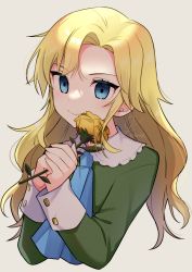 Rule 34 | 1girl, blonde hair, blue eyes, blue necktie, closed mouth, cropped torso, dot nose, dress, flower, green dress, grey background, highres, holding, holding flower, ib (kouri), konogi nogi, long hair, looking at viewer, mary (ib), necktie, own hands together, rose, signature, simple background, smelling flower, smile, solo, twitter username, yellow flower, yellow rose