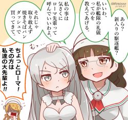 Rule 34 | 3girls, blunt bangs, breasts, brown eyes, brown hair, cleavage, commentary request, conte di cavour (kancolle), conte di cavour nuovo (kancolle), glasses, grey eyes, headdress, kantai collection, large breasts, littorio (kancolle), long hair, mitchell (dynxcb25), multiple girls, open mouth, pince-nez, roma (kancolle), silver hair, translated, wavy hair