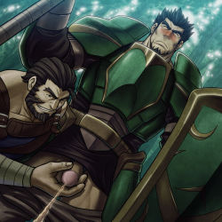 Rule 34 | 2boys, armor, bandaged arm, bandages, bara, beard, blush, breastplate, brown hair, clothes pull, commentary request, couple, facial hair, fire emblem, fire emblem: the sacred stones, flaccid, garcia (fire emblem), gilliam (fire emblem), goatee, highres, holding, holding shield, male focus, mature male, multiple boys, muscular, muscular male, nintendo, pants, pants pull, pee, peeing, penis, shield, short hair, smile, thick eyebrows, yaoi, zelo-lee