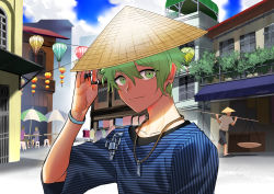 Rule 34 | 1boy, amami rantaro, artist name, bracelet, building, carrying, chair, closed mouth, collarbone, danganronpa (series), danganronpa v3: killing harmony, day, earrings, green eyes, green hair, hand on headwear, hat, highres, jewelry, kuangtai (amami ryoko), looking at viewer, male focus, necklace, outdoors, people, ring, shirt, short hair, short sleeves, sitting, sky, smile, solo, straw hat, striped clothes, striped shirt, table, thumb ring, upper body