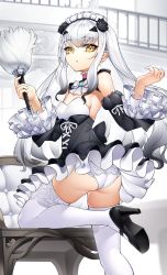Rule 34 | 1girl, alternate costume, ass, black dress, breasts, casul, detached sleeves, dress, enmaided, melusine (fate), fate/grand order, fate (series), forked eyebrows, frilled dress, frills, high heels, highres, looking at viewer, maid, maid headdress, panties, sidelocks, small breasts, solo, thighhighs, twintails, underwear, white hair, white panties, yellow eyes