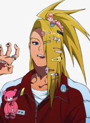 Rule 34 | 1boy, alternate costume, blonde hair, blue eyes, casual, character request, creatures (company), deidara (naruto), extra tongue, game freak, hair ornament, hair over one eye, hairclip, hairpin, highres, jacket, kuromi, long hair, looking at viewer, male focus, my melody, nail polish, naruto, naruto (series), naruto shippuuden, nintendo, onegai my melody, pokemon, ponytail, sanrio, smile, solo, stuffed animal, stuffed toy, teddy bear, tongue, track jacket, umkaqryi, upper body, white background
