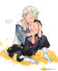 Rule 34 | 2boys, ^ ^, aged down, arm up, black hair, brothers, child, closed eyes, ginkgo leaf, hand on another&#039;s arm, hand on another&#039;s cheek, hand on another&#039;s face, hand on another&#039;s head, happy, heikong, holding another&#039;s arm, japanese clothes, kimetsu no yaiba, knee up, laughing, leaf, long sleeves, multiple boys, on ground, open mouth, pants, scar, shinazugawa genya, shinazugawa sanemi, siblings, sitting, tabi, white background, white hair, white legwear