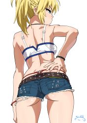 Rule 34 | 1girl, ass, bare shoulders, blonde hair, bracelet, braid, cutoffs, denim, denim shorts, fate/apocrypha, fate (series), green eyes, hand on own hip, highres, jewelry, looking to the side, micro shorts, midriff, mordred (fate), mordred (fate/apocrypha), mordred (memories at trifas) (fate), ponytail, short shorts, shorts, solo, suna (sandworks), tank top, thong, whale tail (clothing)