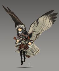 Rule 34 | 1girl, absurdres, arrow (projectile), asterisk kome, bird tail, bird wings, bow (weapon), brown hair, commentary request, dagger, flying, grey background, highres, holding, holding bow (weapon), holding weapon, knife, low wings, orange eyes, quiver, short hair, signature, simple background, tagme, tail, traditional clothes, weapon, winged fusiliers, wings
