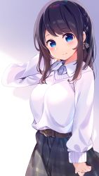 Rule 34 | 1girl, arm at side, belt, belt buckle, blue eyes, blue skirt, blush, bow, breasts, brown belt, brown bow, brown hair, buckle, chikuwa., closed mouth, collared shirt, commentary request, dress shirt, gradient background, grey shirt, hair bow, hand up, head tilt, heart, heart in eye, highres, long hair, long sleeves, looking at viewer, medium breasts, original, plaid, plaid skirt, puffy long sleeves, puffy sleeves, purple background, shirt, sidelocks, skirt, sleeves past wrists, smile, solo, sweater, symbol in eye, white background, white sweater