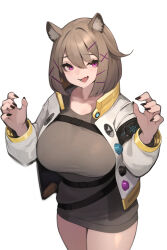 Rule 34 | 1girl, :d, absurdres, animal ear fluff, animal ears, arknights, black nails, breasts, brown dress, brown hair, commentary, cowboy shot, dress, fang, hair ornament, highres, jacket, large breasts, looking at viewer, mari0ball, open clothes, open jacket, open mouth, purple eyes, simple background, skin fang, smile, solo, standing, utage (arknights), white background, white jacket, x hair ornament