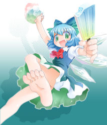 Rule 34 | 1girl, ascot, barefoot, blue background, blue hair, bow, cirno, dress, feet, food, green eyes, hair bow, ice, looking at viewer, mizuki hitoshi, open mouth, outstretched arms, popsicle, shaved ice, short hair, smile, soles, solo, toes, touhou