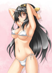 Rule 34 | 10s, 1girl, armpits, arms up, bikini, black hair, blush, breasts, brown eyes, cleavage, hairband, haruna (kancolle), kantai collection, large breasts, long hair, looking at viewer, navel, personification, roura, side-tie bikini bottom, solo, swimsuit, white background, white bikini