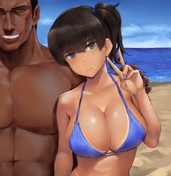 Rule 34 | 1boy, 1girl, beach, bikini, black eyes, black hair, blue bikini, blue sky, breasts, cloud, commentary request, day, expressionless, halterneck, highres, horizon, kaga (kancolle), kantai collection, large breasts, looking at viewer, manly, muscular, ocean, outdoors, short hair, side ponytail, sky, swimsuit, tan, tanline, upper body, v, wa (genryusui)