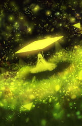 Rule 34 | 1girl, ahoge, commentary, contrast, dress, dutch angle, fantasy, glowing, grass, highres, light particles, long hair, looking at viewer, original, sakimori (hououbds), scenery, shade, sitting, solo, texture, yellow theme