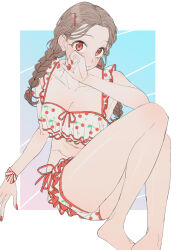 Rule 34 | 1girl, absurdres, alternate hairstyle, barefoot, bikini, blue background, blush, border, bow, braid, breasts, brown hair, cherry hair ornament, cleavage, closed mouth, collarbone, commentary request, food-themed hair ornament, foot out of frame, frilled bikini, frills, gradient background, hair bow, hair ornament, hairclip, highres, idolmaster, idolmaster shiny colors, knees up, large breasts, legs, looking at viewer, low twin braids, naga-agan, nail polish, pink background, polka dot, polka dot bikini, red eyes, red nails, solo, sonoda chiyoko, swimsuit, twin braids, white bikini, white border