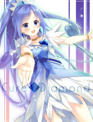 Rule 34 | 1girl, blue bow, blue eyes, blue hair, bow, bracelet, brooch, character name, choker, cure diamond, curly hair, dokidoki! precure, dress, earrings, heart, heart brooch, hishikawa rikka, jewelry, long hair, magical girl, matching hair/eyes, outstretched arms, outstretched hand, ponytail, precure, ribbon, smile, solo, spread arms, toosaka asagi