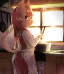 Rule 34 | 1girl, apron, body fur, brown hair, cooking, copyright request, cowboy shot, dog, dress, female focus, furry, furry female, indoors, long hair, open mouth, snout, solo, standing, suurin (ksyaro)
