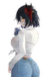 Rule 34 | 1girl, absurdres, alternate costume, artist request, ass, back, back focus, baige0, black bra, black hair, blouse, blush, bra, bra visible through clothes, breasts, cameo, coat, contemporary, cup, denim, drink, drinking, drinking straw, from behind, from side, genshin impact, hair between eyes, hair ornament, highres, jeans, kujou sara, lace, large breasts, looking at viewer, looking back, mask, mask on head, midriff peek, pants, raiden shogun, see-through, see-through shirt, shirt, short hair, sideboob, simple background, solo, tight clothes, tight pants, underwear, white background, white shirt, yellow eyes