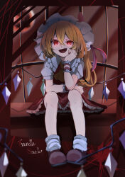 Rule 34 | 1girl, :d, absurdres, arm support, ascot, blonde hair, blurry, character name, collar, collared shirt, commentary, crystal, depth of field, fang, flandre scarlet, frilled collar, frilled skirt, frills, full body, full moon, glowing, glowing eyes, hair between eyes, hat, hat ribbon, head rest, highres, indoors, koroyarou, long hair, looking at viewer, mary janes, moon, one side up, open mouth, red eyes, red moon, red ribbon, red skirt, red sky, red vest, ribbon, shirt, shoes, sitting, skirt, sky, slit pupils, smile, socks, solo, string, touhou, vest, white hat, white shirt, white socks, wings, wrist cuffs, yellow ascot