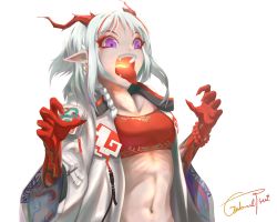 Rule 34 | 1girl, absurdres, arknights, artist name, bandeau, bead bracelet, beads, bracelet, braid, breasts, chinese commentary, claw pose, collarbone, commentary request, eyeshadow, fangs, fingernails, gabrieltsui, half updo, highres, horns, jacket, jewelry, long fingernails, long hair, long sleeves, makeup, medium breasts, midriff, multicolored hair, navel, nian (arknights), open clothes, open jacket, open mouth, pointy ears, purple eyes, sharp fingernails, signature, silver hair, simple background, single braid, solo, stomach, strapless, streaked hair, tongue, tongue out, tube top, upper body, white background, white jacket, wide sleeves