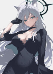 Rule 34 | 1girl, ahoge, animal ear fluff, animal ears, black dress, black gloves, blue archive, blue eyes, breasts, broken halo, capelet, choker, collarbone, dress, frilled sleeves, frills, gloves, grey hair, hair ornament, halo, large breasts, long hair, long sleeves, looking at viewer, me meel, mismatched pupils, shiroko (blue archive), shiroko terror (blue archive), simple background, solo, very long hair, white background, wolf ears