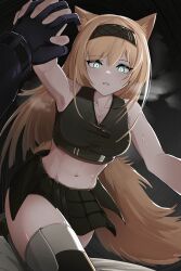 1girl abs animal_ears aqua_eyes arknights bare_shoulders black_gloves black_hairband black_sports_bra black_thighhighs blonde_hair breasts brown_tail cleavage collarbone crop_top gloves hairband hashtag-only_commentary heavy_breathing highres holding_hands horn_(arknights) interlocked_fingers jambaeng long_hair looking_at_viewer medium_breasts midriff navel parted_lips pov pov_hands sleeveless solo_focus sports_bra sweat tail thighhighs