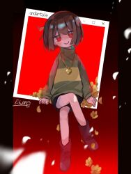 Rule 34 | 1other, ahoge, black shorts, brown hair, buttercup (flower), chara (undertale), closed mouth, crossed legs, dande lion2604, flower, fourth wall, green sweater, heart, heart necklace, jewelry, looking at viewer, necklace, red eyes, short hair, shorts, sitting, smile, solo, sweater, undertale, window (computing), yellow flower