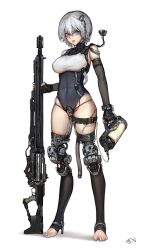 Rule 34 | 1girl, absurdres, amputee, bare shoulders, black gloves, blue eyes, blue leotard, blue nails, breasts, catheter, chain, commentary, covered navel, cyborg, double amputee, elbow gloves, fingerless gloves, full body, gloves, gun, hair between eyes, highleg, highres, holding, holding gun, holding weapon, iuui, large breasts, leotard, looking at viewer, nail polish, open mouth, original, prosthesis, prosthetic leg, scar, short hair, simple background, skindentation, solo, standing, stirrup legwear, stitches, symbol-only commentary, teeth, thigh strap, toeless legwear, toes, upper teeth only, variant set, weapon, white background, white hair