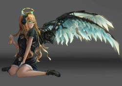 Rule 34 | 1girl, absurdres, belt, blonde hair, full body, gears, glasses, gloves, gradient background, grey background, halo, highres, manoma, mecha musume, mechanical wings, open mouth, original, shoes, sitting, solo, white gloves, wings