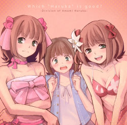 Rule 34 | 00s, 3girls, amami haruka, bare shoulders, bikini, blush, breasts squeezed together, breasts, brown hair, choker, cleavage, crossed arms, cute &amp; girly (idolmaster), dual persona, face, flower, green eyes, hair ribbon, idolmaster, idolmaster (classic), leaning forward, medium breasts, multiple girls, multiple persona, nogoodlife, open mouth, ribbon, short hair, small breasts, smile, swimsuit, tears