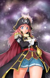 Rule 34 | 1girl, belt, blue eyes, cape, ascot, crossed arms, epaulettes, from below, hair ornament, hairclip, hat, hat feather, highres, katou marika, long hair, looking at viewer, miniskirt pirates, onsoku inu, pink hair, pirate, pirate hat, pleated skirt, rapier, saber (weapon), sabre, skirt, skull and crossbones, smile, solo, space, star (sky), sword, weapon