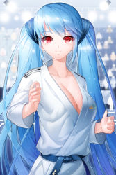 Rule 34 | 1girl, aile (crossroads), belt, blue hair, breasts, cleavage, collarbone, dougi, grin, large breasts, long hair, looking at viewer, lowres, luthica preventer, martial arts belt, red eyes, shiny skin, smile, solo, sword girls, twintails, very long hair