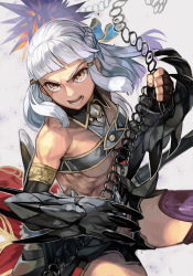Rule 34 | 1girl, abs, blunt bangs, braid, breasts, brown eyes, chain, clawed gauntlets, cleavage, clenched hand, cowboy shot, crown braid, fate/grand order, fate (series), fingerless gloves, flail, gauntlets, gloves, grey background, hungry clicker, medium breasts, medium hair, muscular, open mouth, penthesilea (fate), silver hair, simple background, solo, teeth, thighs, underboob, weapon