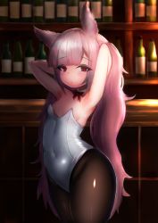 Rule 34 | 1girl, animal ears, arms up, bad id, bad pixiv id, bar (place), black pantyhose, blush, bottle, bow, breasts, choker, closed mouth, commentary request, covered navel, fake animal ears, hands in hair, highres, indoors, leotard, long hair, looking at viewer, original, pantyhose, pink hair, playboy bunny, rabbit ears, rabbit girl, red bow, red choker, red eyes, sa ka (sakanoya), small breasts, solo, strapless, strapless leotard, twintails, very long hair, white leotard