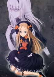 Rule 34 | 2girls, :o, abigail williams (fate), absurdres, artist request, bags under eyes, black bow, black dress, black hat, blonde hair, bloomers, blue eyes, blush, bow, bug, butterfly, dress, fate/grand order, fate (series), forehead, hair bow, hat, highres, hugging object, insect, lavinia whateley (fate), long hair, long sleeves, looking at viewer, multiple girls, non-web source, orange bow, pale skin, parted bangs, parted lips, polka dot, polka dot bow, profile, purple eyes, silver hair, sleeves past fingers, sleeves past wrists, stuffed animal, stuffed toy, teddy bear, underwear, v-shaped eyebrows, very long hair, white bloomers