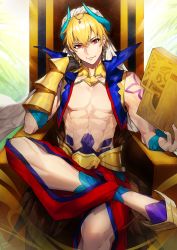 Rule 34 | 1boy, abs, black gloves, blonde hair, earrings, fate/grand order, fate (series), gauntlets, gilgamesh (fate), gilgamesh (caster) (fate), gloves, hat, highres, jewelry, looking at viewer, male focus, manly, mika pikazo, red eyes, sitting, smile, solo, stone tablet, tattoo, throne, vest