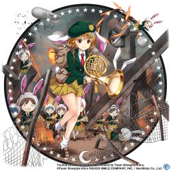 Rule 34 | 6+girls, alternate costume, animal ears, backpack, bag, beret, blue hair, brown footwear, brown hair, closed mouth, collared shirt, commentary, copyright name, copyright notice, dango, english commentary, food, full body, game cg, green jacket, grey hair, hat, holding, holding weapon, jacket, looking at viewer, lunatic gun, military uniform, multiple girls, necktie, pleated skirt, rabbit ears, rabbit girl, rabbit tail, red eyes, red necktie, ringo (touhou), ringo (touhou) (eagle ravi special forces), rotte (1109), shirt, short hair, skirt, socks, solo focus, tail, third-party source, touhou, touhou lostword, uniform, v-shaped eyes, wagashi, weapon, white shirt, white socks, x x, yellow skirt
